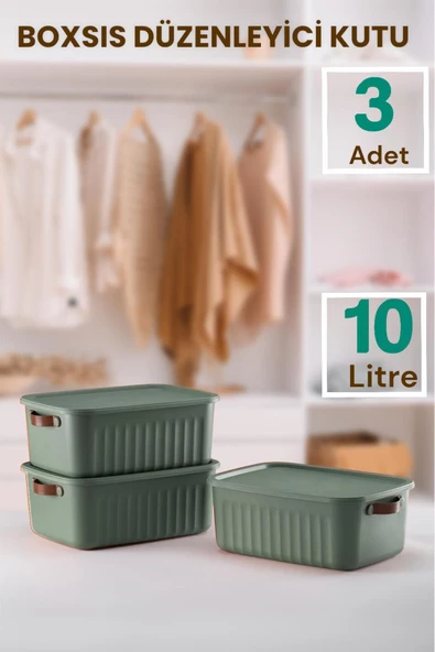 Boxsıs Yeşil 3 Adet 10 Lt Düzenleyici Kapaklı Kutu Storage Dekoratif Dolap Içi Organizer saklama ürün görseli 1