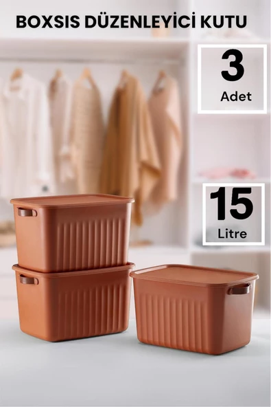 Boxsıs 3 Adet Kiremit 15 Lt Düzenleyici Kapaklı Kutu Storage Dekoratif Dolap Içi Organizer ürün görseli 1