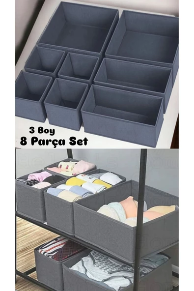 Coco 8 'li Set Çekmece Içi Düzenleyici Organizer Set Antrasit - Çorap Sütyen Şal Kumaş Kutu ürün görseli 1
