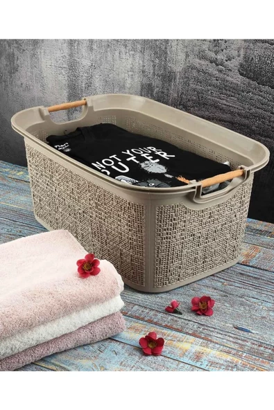Woow 30 Lt Ahşap Saplı Bej Sele Çamaşır Sepeti - Kirli Sepeti - Plastik Sepet- Bej ürün görseli 1