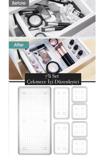 Bade 7 Parça Takı Aksesuar Düzenleyici Kutu 4 Boy Makyaj Ve Çekmece Içi Kalemlik Organizer şeffaf ürün görseli 1