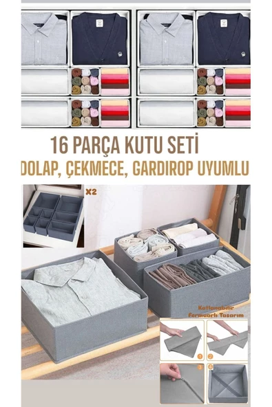Coco 16 Parça Antrasit Dolap Içi Çekmece Düzenleyici Havlu Çorap Sütyen Saklama Kutu Seti ürün görseli 1