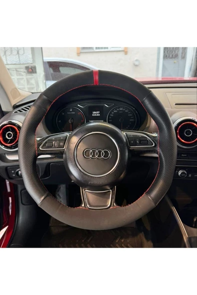 DİKİŞLİ DİREKSİYON KILIFI NOKTALI NUBUK KIRMIZI YÜZÜK KIRMIZI DİKİŞ AUDİ A3 İÇİN ürün görseli 1
