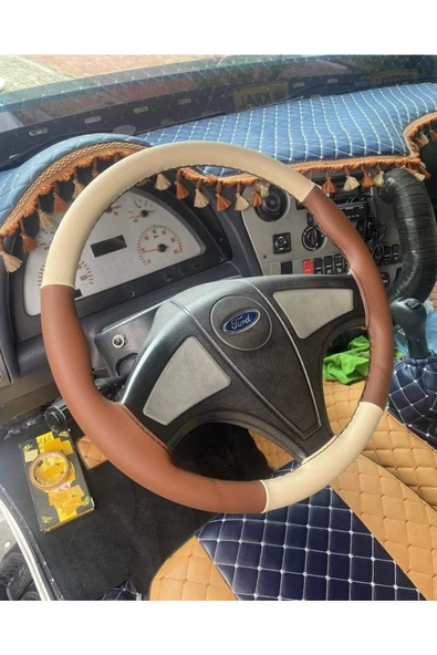 Dikişli Deri Direksiyon Kılıfı 66 Taba/bej Deri Siyah Dikişli Ford 3230 S Için ürün görseli 1