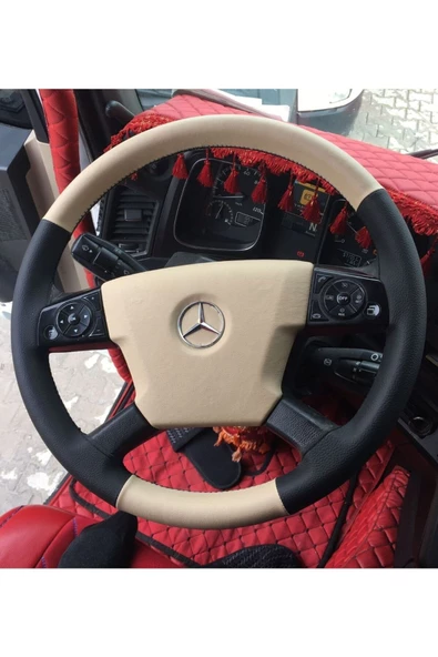 DİKİŞLİ DİREKSİYON KILIFI BEJ/SİYAH DERİ SİYAH DİKİŞLİ MERCEDES ACTROS İÇİN ürün görseli 1