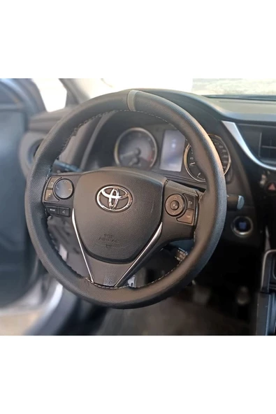 DİKİŞLİ DİREKSİYON KILIFI DAMARLI SİYAH DERİ/GRİ YÜZÜK GRİ DİKİŞ TOYOTA COROLLA İÇİN ürün görseli 1
