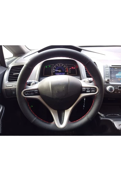 DİKİŞLİ DERİ DİREKSİYON KILIFI DAMARLI/NOKTALI DERİ KIRMIZI DİKİŞLİ HONDA CİVİC 2007-2012 ürün görseli 1
