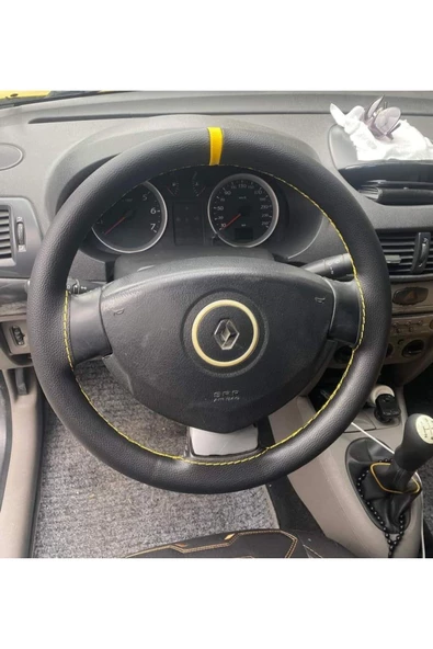 DİKİŞLİ DİREKSİYON KILIFI DAMARLI SİYAH DERİ SARI YÜZÜK/DİKİŞLİ RENAULT CLİO ürün görseli 1