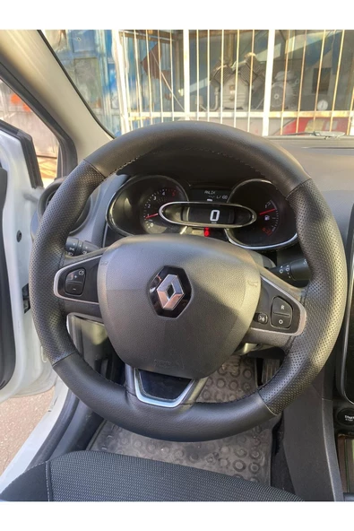 DİKİŞLİ DİREKSİYON KILIFI NOKTALI DAMARLI DERİ SİYAH DİKİŞLİ RENAULT CLİO İÇİN ürün görseli 1