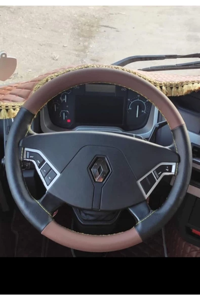 DİKİŞLİ DİREKSİYON KILIFI DAMARLI SİYAH/TABA DERİ SARI DİKİŞLİ RENAULT TIR İÇİN ürün görseli 1