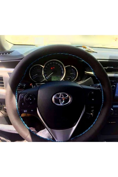 DİKİŞLİ DERİ DİREKSİYON KILIFI NOKTALI DERİ AÇIK MAVİ DİKİŞLİ TOYOTA COROLLA İÇİN ürün görseli 1