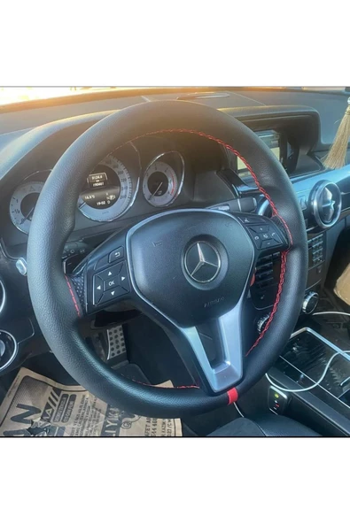 Dikişli Direksiyon Kılıfı Damarlı Siyah Deri Kırmızı Dikişli Mercedes C Için ürün görseli 1