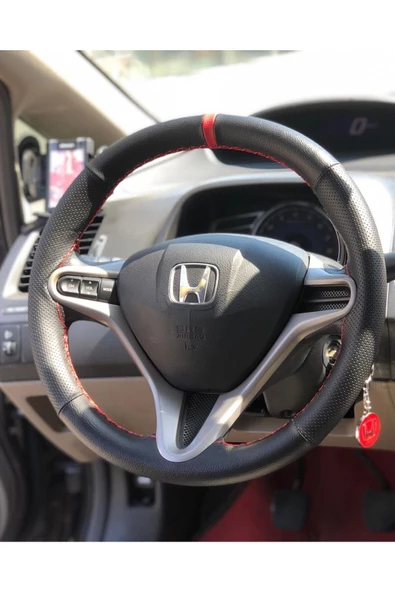 DİKİŞLİ DERİ DİREKSİYON KILIFI NOKTA/DAMAR KIRMIZI YÜZÜK KIRMIZI DİKİŞ HONDA CİVİC ürün görseli 1