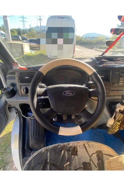 DİKİŞLİ DİREKSİYON KILIFI NOKTALI/BEJ DERİ SİYAH DİKİŞLİ FORD TRANSİT İÇİN ürün görseli 1