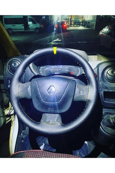 DİKİŞLİ DİREKSİYON KILIFI DAMARLI SİYAH DERİ SARI YÜZÜK/DİKİŞLİ RENAULT MASTER İÇİN ürün görseli 1
