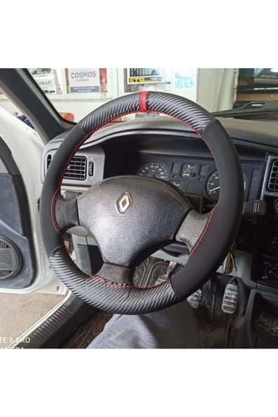 DİKİŞLİ DERİ DİREKSİYON KILIFI KARBON NUBUK KIRMIZI YÜZÜK KIRMIZI RENAULT DİKİŞ ürün görseli 1