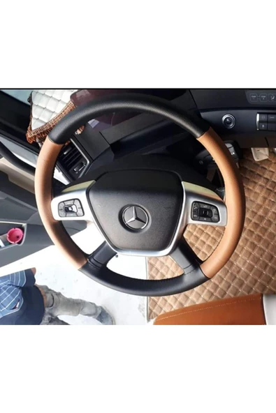 Dikişli Direksiyon Kılıfı Taba /siyah Deri Siyah Dikişli Mercedes Kamyon Tır Için ürün görseli 1