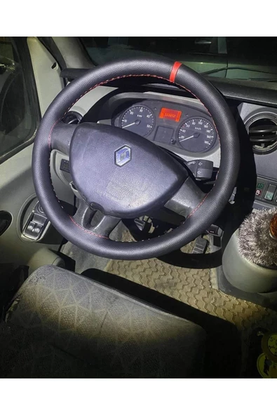 DİKİŞLİ DİREKSİYON KILIFI DAMARLI SİYAH DERİ KIRMIZI YÜZÜK/DİKİŞLİ RENAULT MASTER İÇİN ürün görseli 1