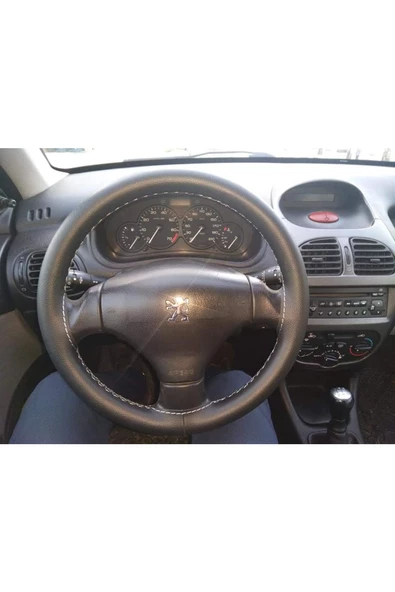 DİKİŞLİ DİREKSİYON KILIFI SİYAH DERİ GRİ DİKİŞ PEUGEOT 206 İÇİN ürün görseli 1