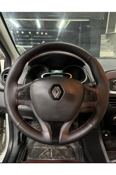 DİKİŞLİ DİREKSİYON KILIFI SİYAH DERİ NOKTALI DERİ KIRMIZI DİKİŞLİ RENAULT CLİO 4 İÇİN ürün görseli 1