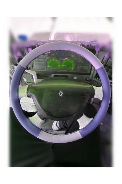 DİKİŞLİ DİREKSİYON KILIFI GRİ MAVİ DERİ SİYAH DİKİŞLİ RENAULT PREMİUM TIR KAMYON İÇİN ürün görseli 1