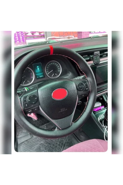 DİKİŞLİ DİREKSİYON KILIFI SİYAH DERİ KIRMIZI YÜZÜK KIRMIZI DİKİŞLİ TOYOTA COROLLA İÇİN ürün görseli 1