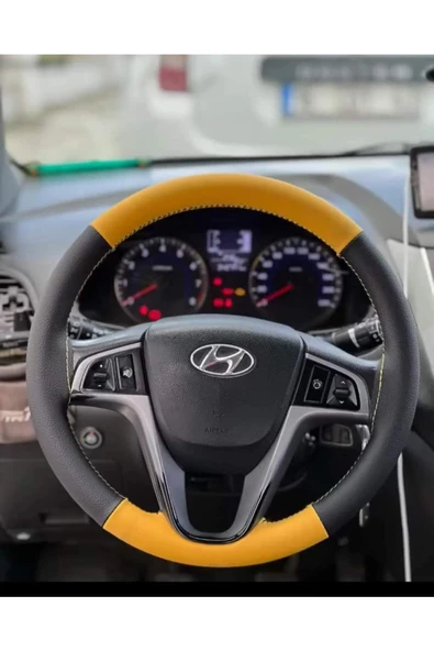 DİKİŞLİ DİREKSİYON KILIFI SARI/SİYAH DERİ SARI DİKİŞLİ HYUNDAİ İÇİN ürün görseli 1
