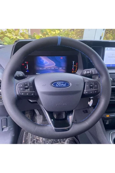 DİKİŞLİ DİREKSİYON KILIFI SİYAH DERİ MAVİ YÜZÜKLÜ FORD FOCUS ürün görseli 1