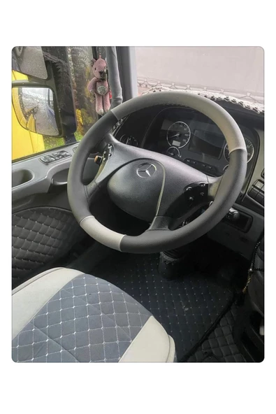 DİKİŞLİ DİREKSİYON KILIFI GRİ/SİYAH DERİ SİYAH DİKİŞLİ MERCEDES TIR KAMYON İÇİN ürün görseli 1