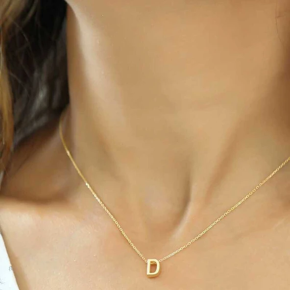 Gümüş Gold 3 Boyutlu D Harf Bayan Kolye SL2021 - Resim 2