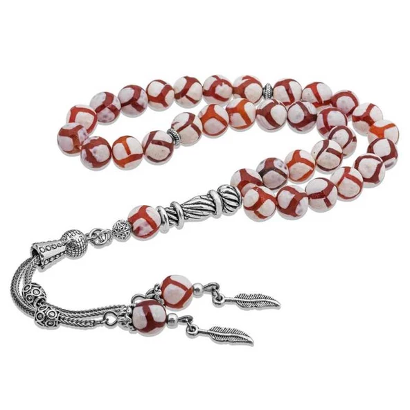 Doğaltaş Metal Püsküllü Çizgili Akik Taşı Tesbih SL2351 ürün görseli 1