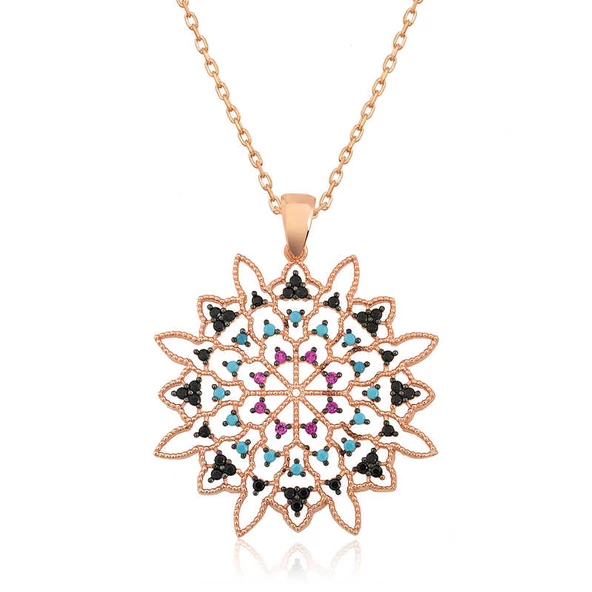 Gümüş Rose Geometrik Desenli Madalyon Kolye  SL3322 ürün görseli 1