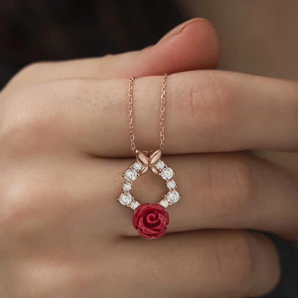 ​​Gümüş Rose Kırmızı Gül Kolye SL3199 - Resim 4