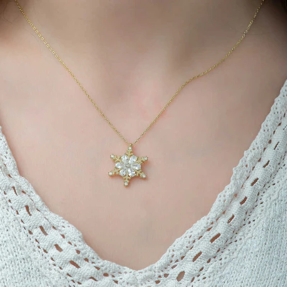 Gümüş Gold Kar Çiçeği Bayan Kolye SL3402 - Resim 12