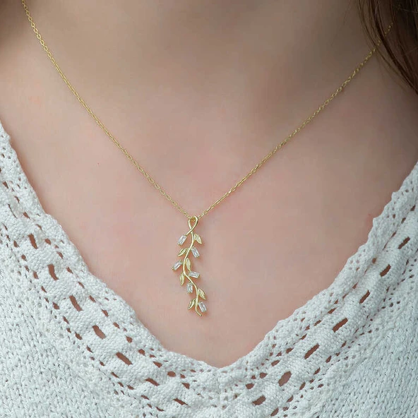 Gümüş Gold Sarmaşık Bayan Kolye SL3627 - Resim 8