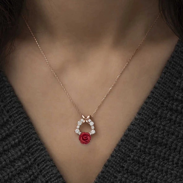 ​​Gümüş Rose Kırmızı Gül Kolye SL3199 - Resim 6