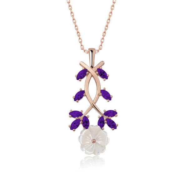 Gümüş Rose Mor Yapraklı Bahar Çiçeği Kolye SL3804 ürün görseli 1