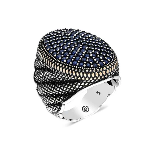 Gümüş Lacivert Zirkon Taşlı Oval Erkek Yüzük  SL4557 ürün görseli 1