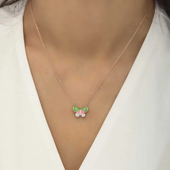 Gümüş Rose Minimal Kelebek Bayan Kolye  SL4267 - Resim 2