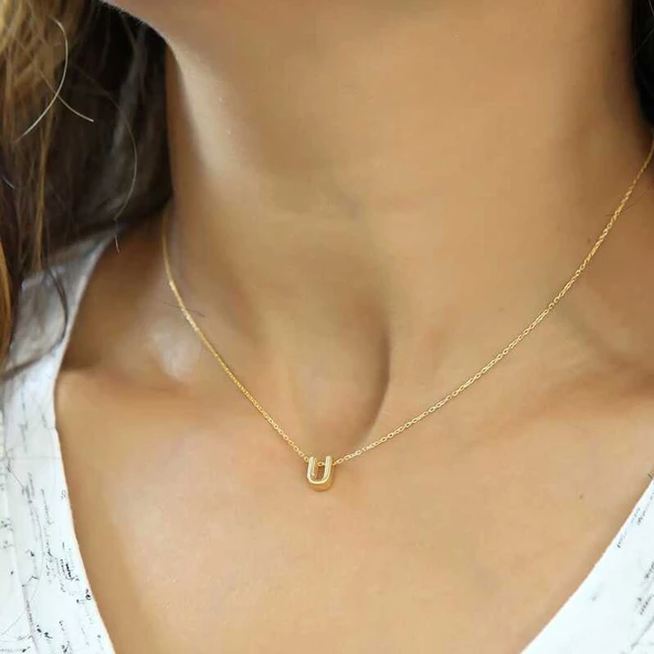 Gümüş Gold 3 Boyutlu U Harf Bayan Kolye SL4237 ürün görseli 1