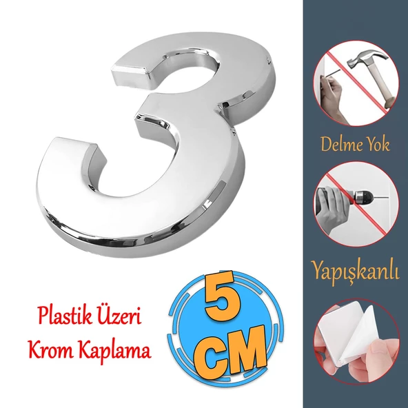 Yapışkanlı Kapı Numarası Küçük Boy 50 mm 5 cm Numara 3 Rakam Üç Sayısı Krom Renk Numaralar 1 Adet ürün görseli 1