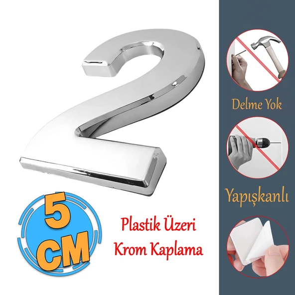 Yapışkanlı Kapı Numarası Küçük Boy 50 mm 5 cm Numara 2 Rakam İki Sayısı Krom Renk Numaralar 1 Adet ürün görseli 1