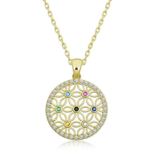 Gümüş Gold Renkli Taşlı Yaşam Çiçeği Kadın Kolye SL4784 ürün görseli 1