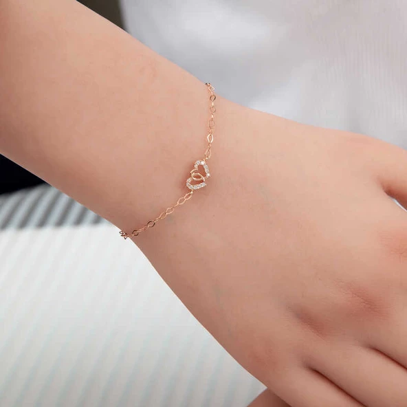 Gümüş Rose Birleşmiş Kalpler Kadın Bileklik SL5357 ürün görseli 1