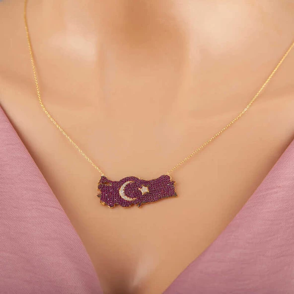 Gümüş Gold Ay Yıldız Türkiye Haritası Kadın Kolye SL5325 ürün görseli 1