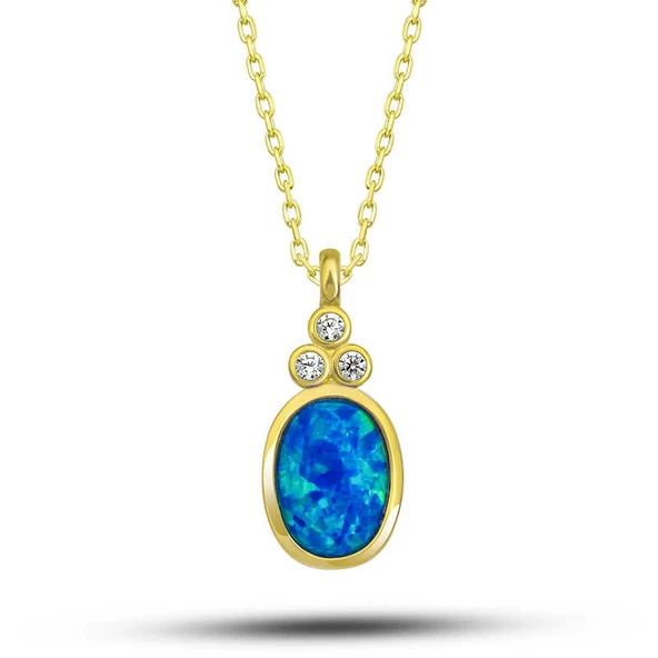 Gümüş Gold Mavi Opal Taşlı Ananas Kadın Kolye SL5699 ürün görseli 1