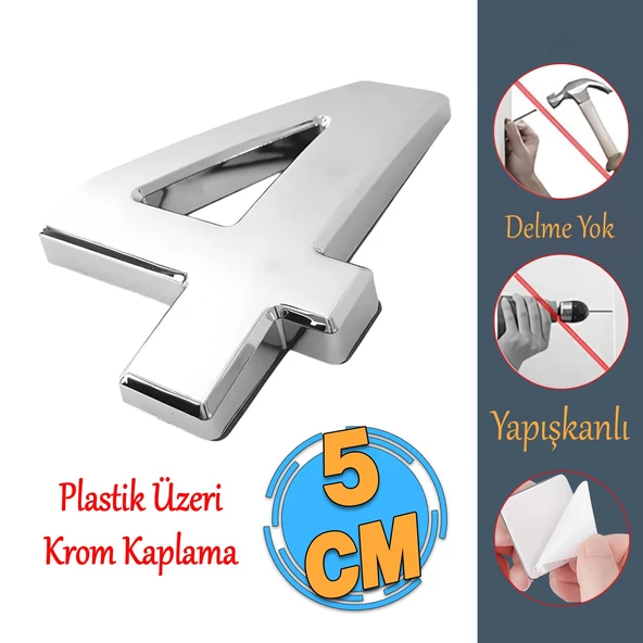 Yapışkanlı Kapı Numarası Küçük Boy 50 mm 5 cm Numara 4 Rakam Dört Sayısı Krom Renk Numaralar 1 Adet ürün görseli 1