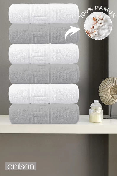 6'lı Greek Gri-Beyaz Banyo Havlusu - 70x140 Cm, 490 Gr, %100pamuk, Spa Ve Otel Havlusu ürün görseli 1