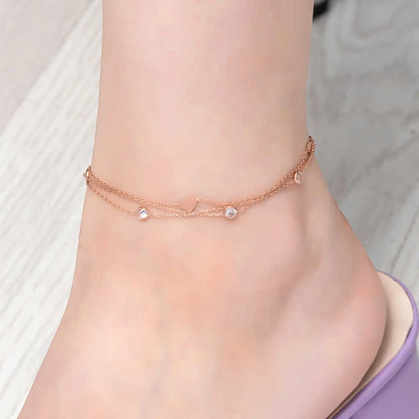 Gümüş Rose Çift Zincirli Kalp Zirkon Taşlı Halhal SL6081 ürün görseli 1
