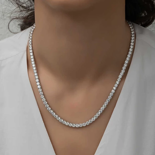 Gümüş 6 mm Beyaz Taşlı Su Yolu Kadın Kolye SL6287 ürün görseli 1